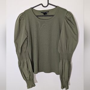 Veronica Beard w's XL Fawn Puff Sleeve Crewneck top - long sleeves olive green